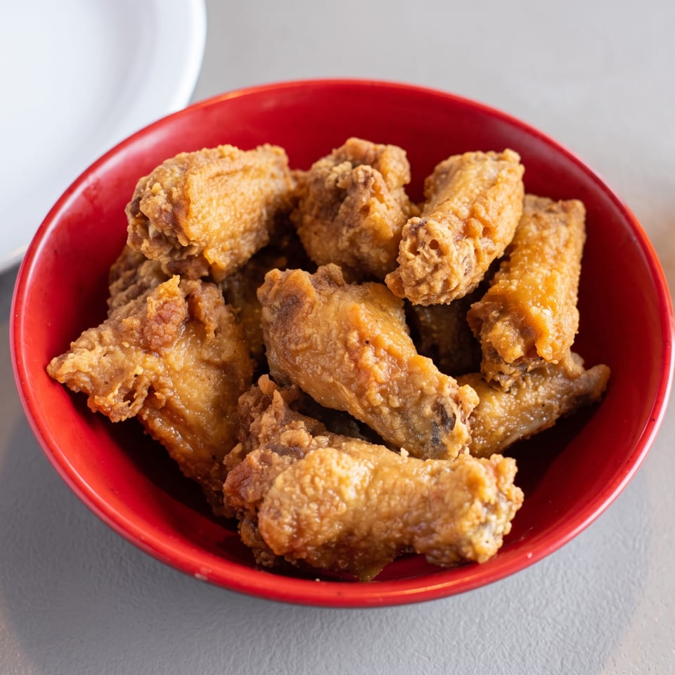 Crispy fried chicken wings in a red bowl, with a glass of beer and a white plate nearby.