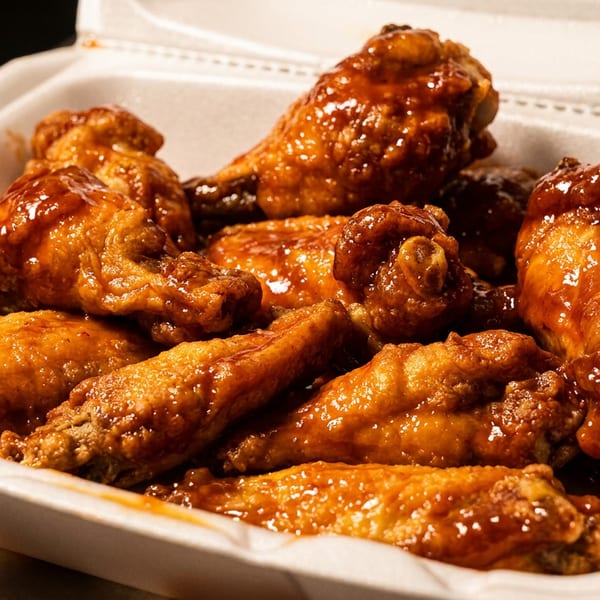 A white takeout container filled with glistening, saucy chicken wings on a dark background.