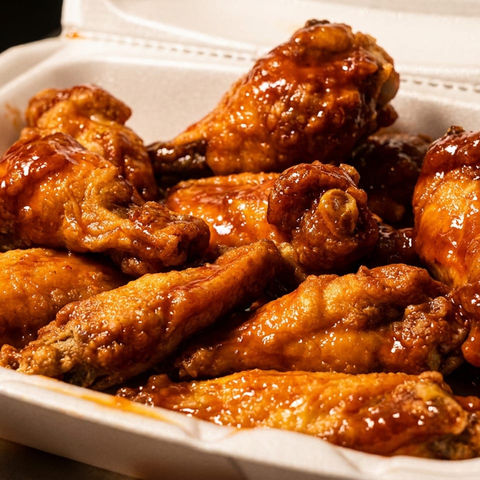 A white takeout container filled with glistening, saucy chicken wings on a dark background.